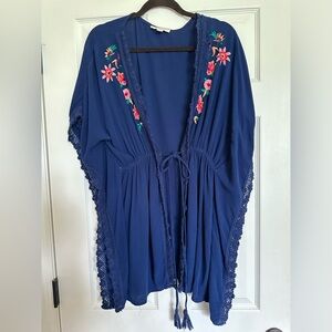 Womens Francescas Cover Up Kimono Crocheted Embroidered Floral Navy